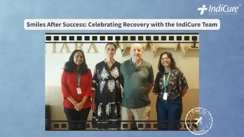 A happy UK patient and his wife celebrating a successful recovery journey with the IndiCure support team in India.